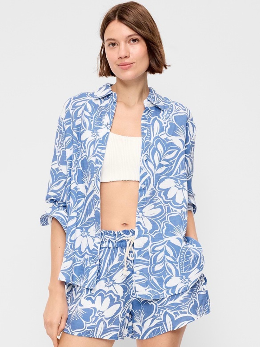 New Old Navy XXL White Blue Button-Down Shirt with Open Back Tie Detail Top